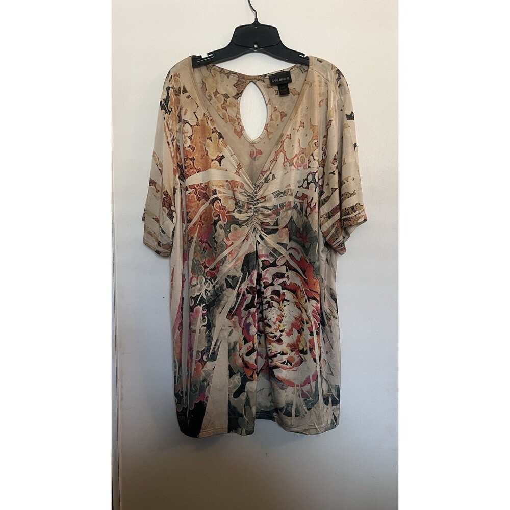 Lane Bryant Beige Multicolor Floral Ruched Keyhole Blouse Plus Size 22/24